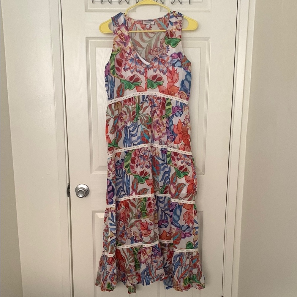 Johnny Was Ruffled Tiered Blue and Red Maxi Dress